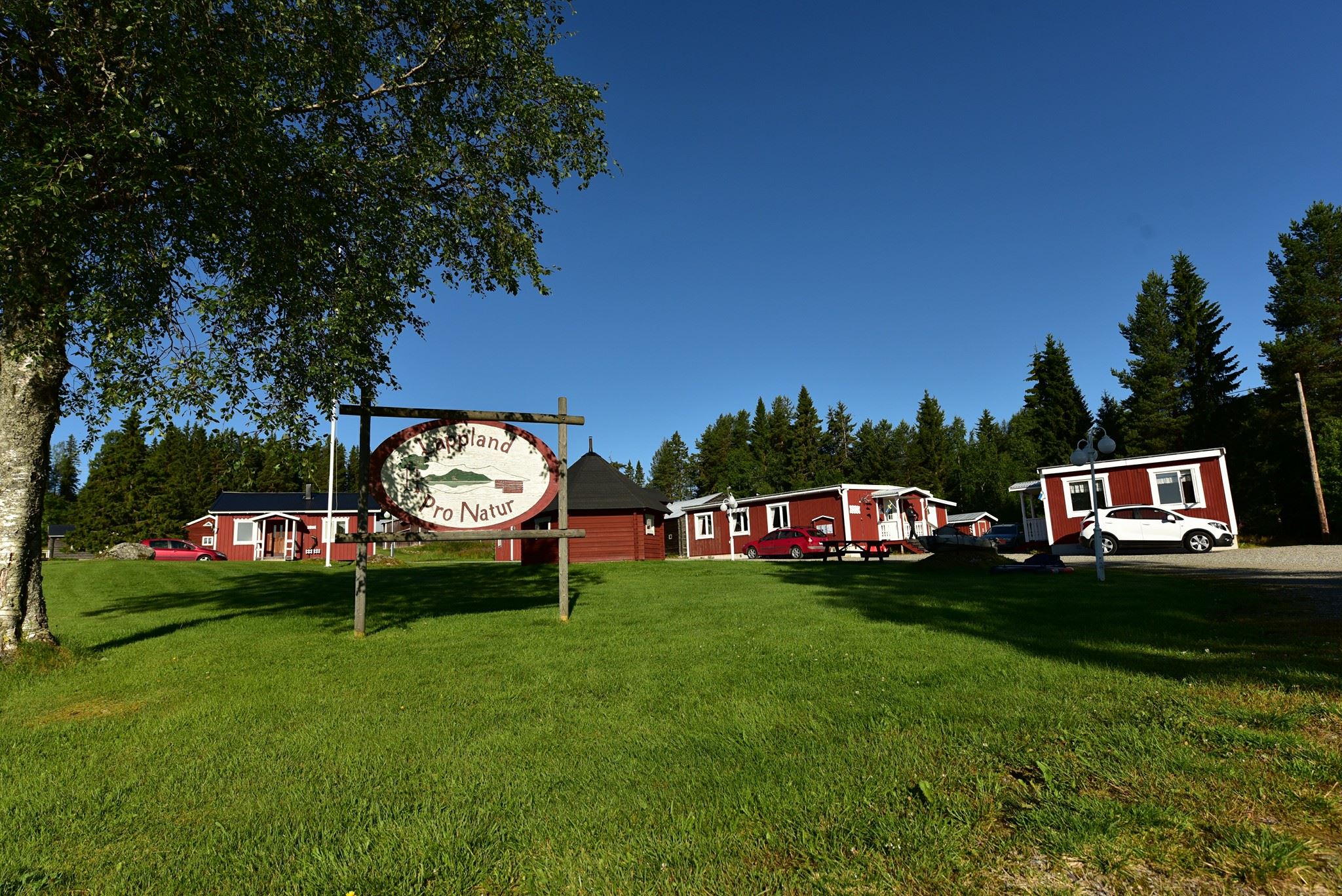 Le camp constitué de typiques chalets suédois est niché dans un écrin de verdure à seulement une centaine de mètres de la rivière.